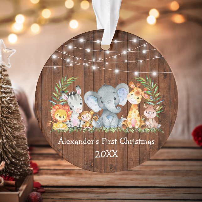 Baby First Christmas Wood Lights Safari Animaux (Customize with name and year.)
