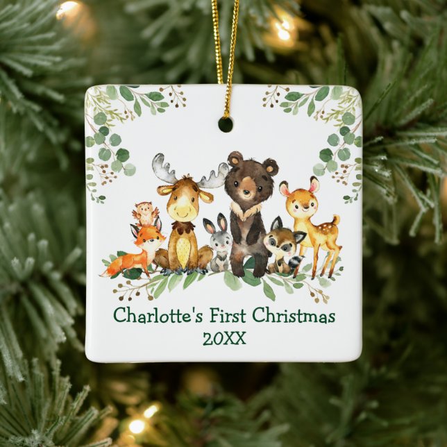 Baby First Christmas Woodland Animals Greenery Ceramic Ornament (Tree)