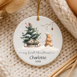Baby First Christmas Woodland Bear Ceramic Ornament