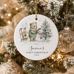 Baby First Christmas Woodland Bear Personalized Ceramic Ornament