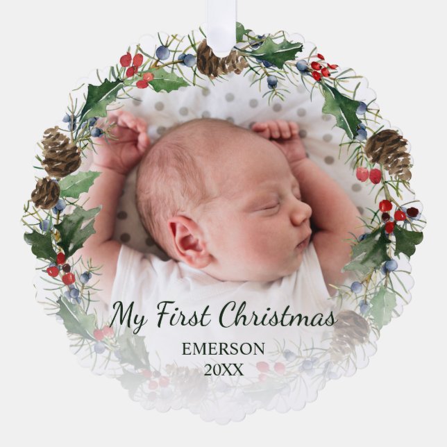 Baby First Christmas Wreath 2 Photo Ornament Card (Front)