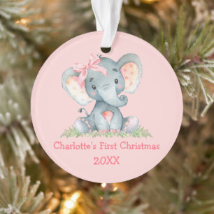 Baby First Noël Aquarelle Pink Bow Elephant