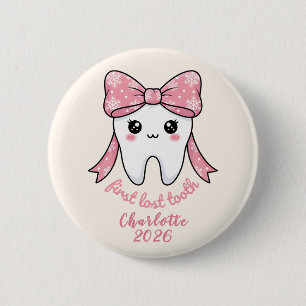 Baby First Tooth Pink Bow Milestone Kawaii Tooth 2 Inch Round Button