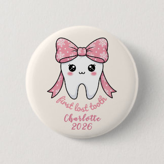 Baby First Tooth Pink Bow Milestone Kawaii Tooth 2 Inch Round Button