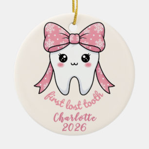 Baby First Tooth Pink Bow Milestone Kawaii Tooth Ceramic Ornament