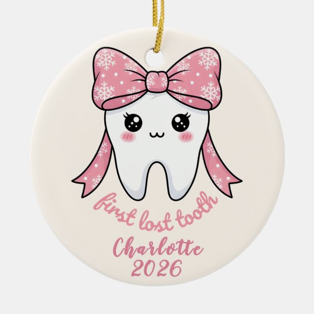 Baby First Tooth Pink Bow Milestone Kawaii Tooth Ceramic Ornament (Front)