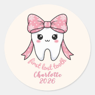 Baby First Tooth Pink Bow Milestone Kawaii Tooth Classic Round Sticker