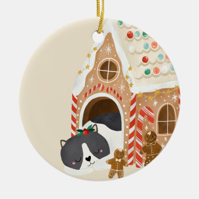 Baby First Xmas Cat in a Gingerbread House Ceramic Ornament (Front)