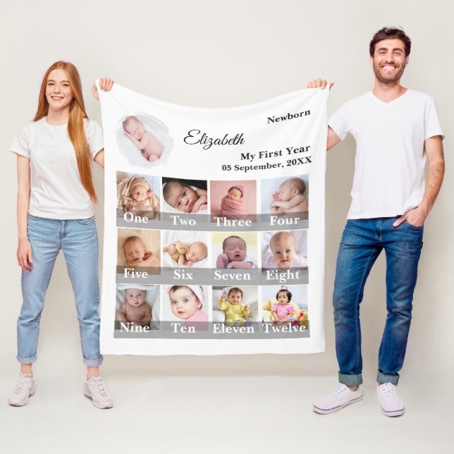Baby First Year 12 Month Photo Collage  Milestone Fleece Blanket (In Situ)