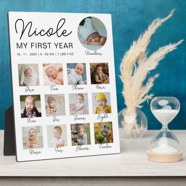 Baby First Year 12 Months Photo Collage Modern Plaque (Side)