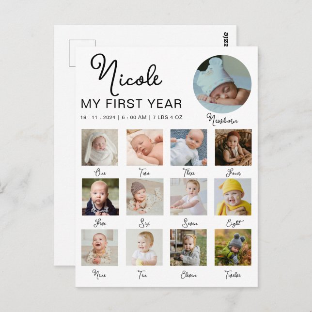 Baby First Year 12 Months Photo Collage Modern Postcard (Front/Back)