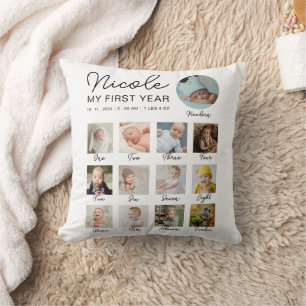Baby First Year 12 Months Photo Collage Modern Throw Pillow