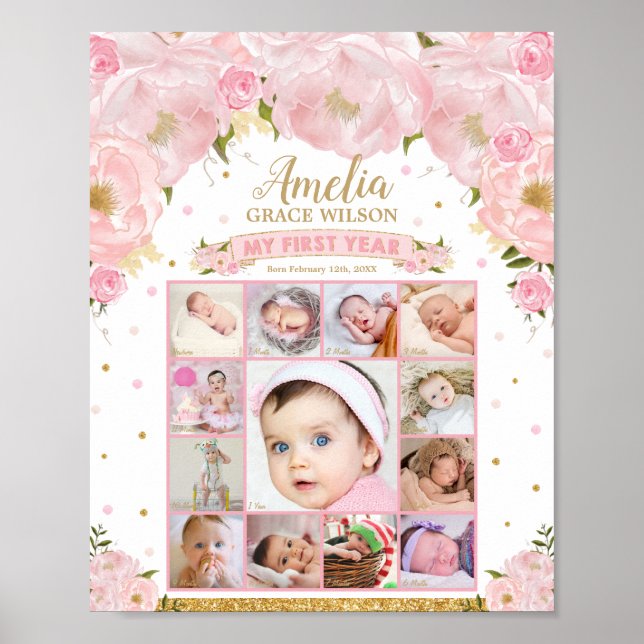 Baby First Year Birthday Photo Milestone Collage Poster (Front)