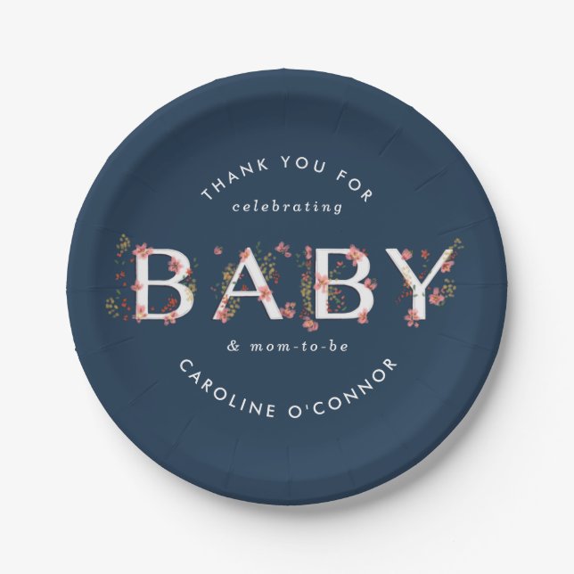 BABY Floral Garden Baby Shower Blue Paper Plate (Front)