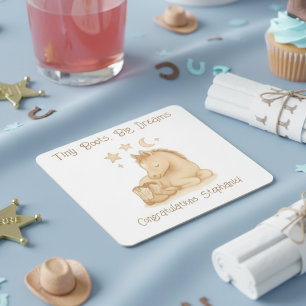 Baby Foal Cowboy Boots Baby Shower Square Paper Coaster