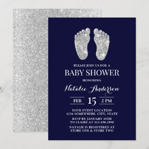 Baby Foot Modern Navy Silver Glitter Baby Shower Invitation