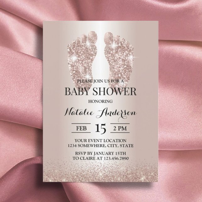 Baby Foot Modern Rose Gold Glitter Baby Shower Invitation (Creator Uploaded)