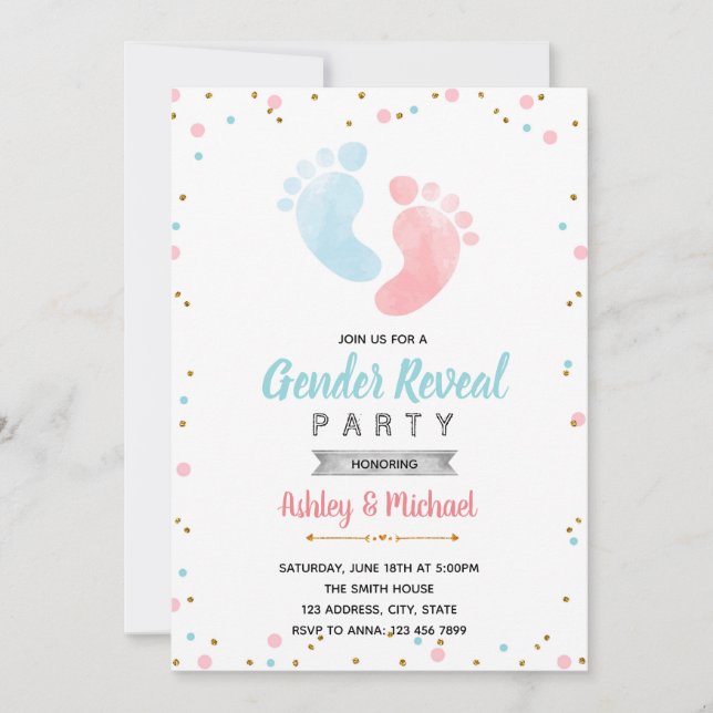 Baby footprint gender reveal party invitation (Front)