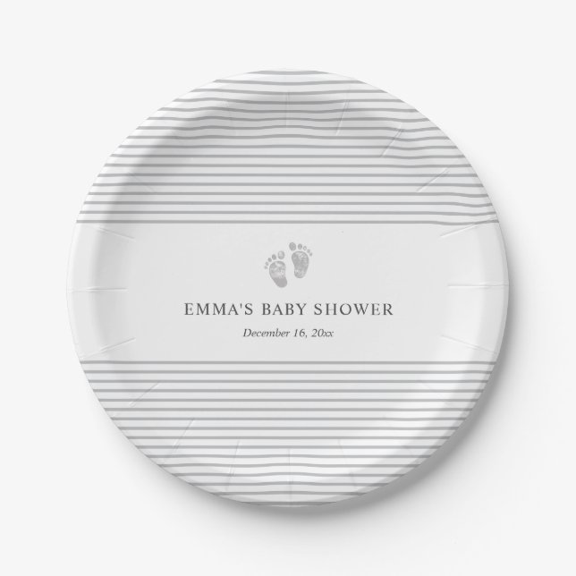 Baby Footprint Grey Stripe Baby Shower Plate (Front)