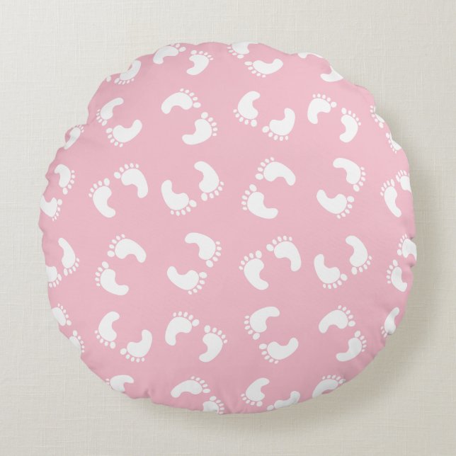 Baby Footprints, Babies Foot, Footsteps, Pink Girl Round Pillow (Front)
