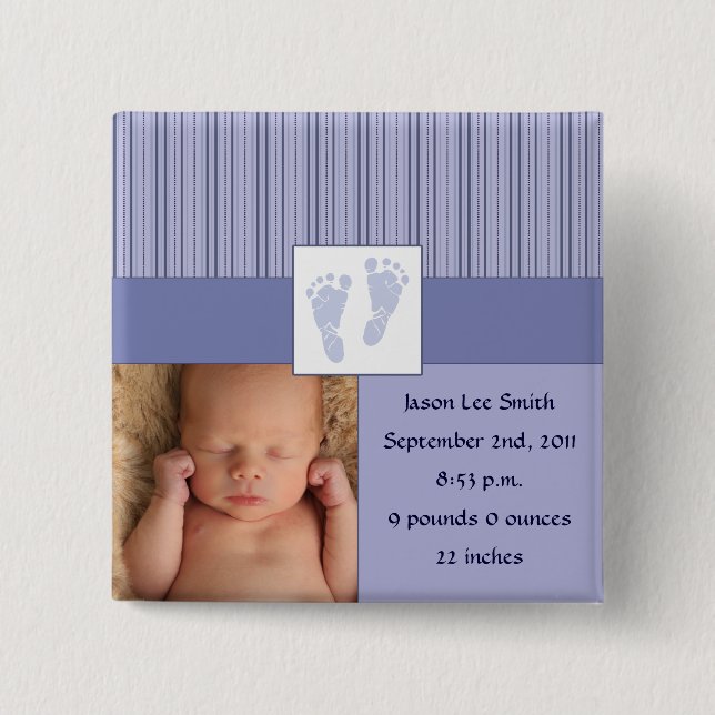 Baby Footprints Birth - Blue 2 Inch Square Button (Front)