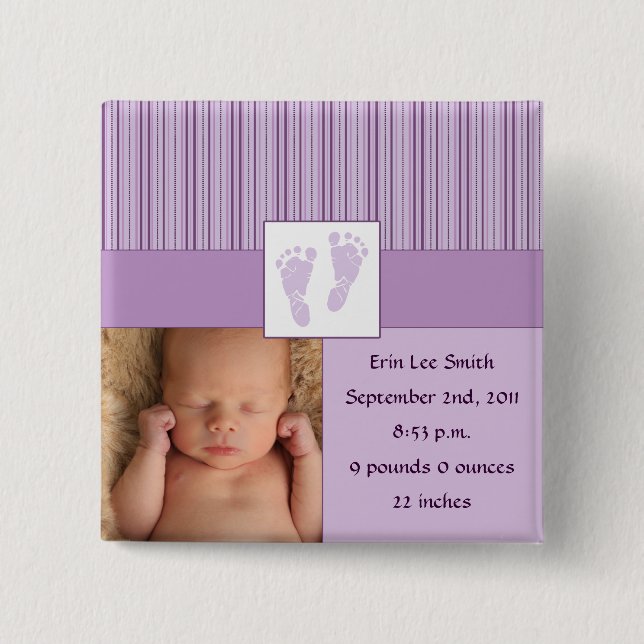 Baby Footprints Birth - Purple 2 Inch Square Button (Front)