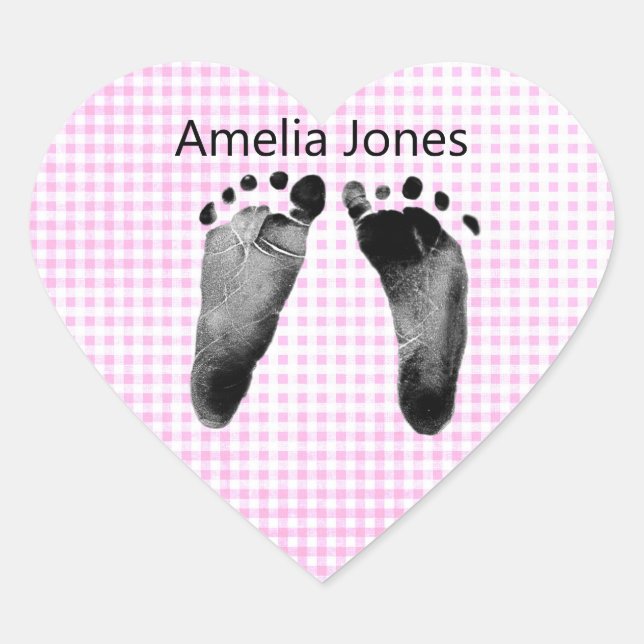 Baby Footprints On Pink Gingham Heart Sticker (Front)