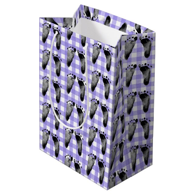 Baby Footprints On Purple Gingham Medium Gift Bag (Back Angled)