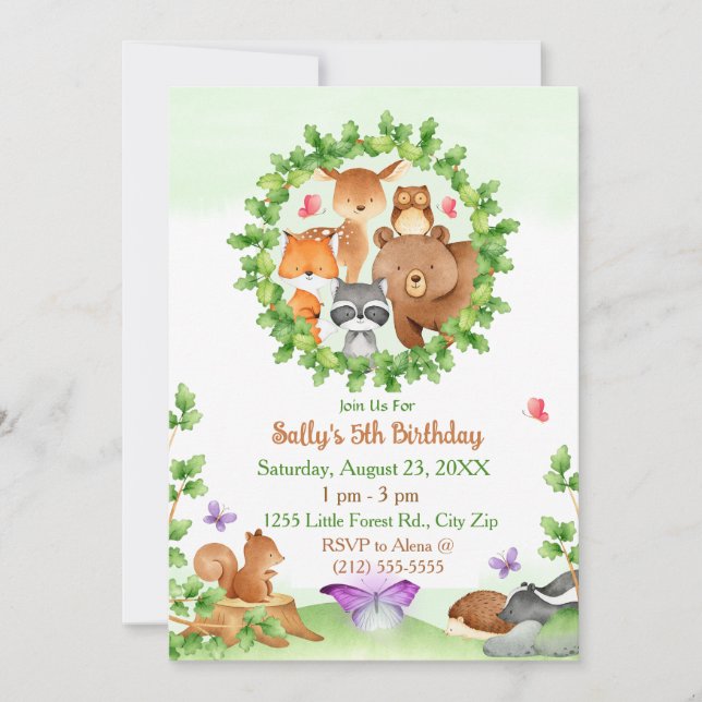 Baby Forest Animals Bear Raccoon Squirrel Birthday Invitation (Front)