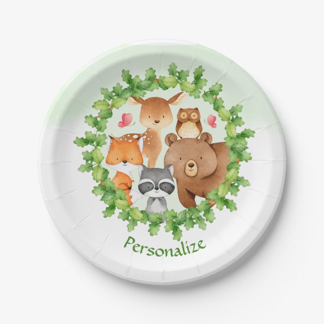 Baby Forest Animals Bear Raccoon Squirrel Birthday Paper Plate (Front)