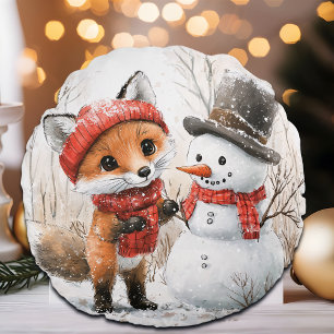 Baby Fox and Snowman Round Pillow