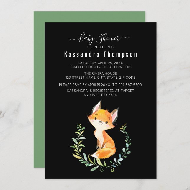 Baby Fox Floral Wreath Baby Shower Invitation (Front/Back)