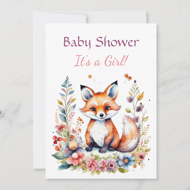 Baby Fox in Flowers Girl's Baby Shower Invitation (Front)