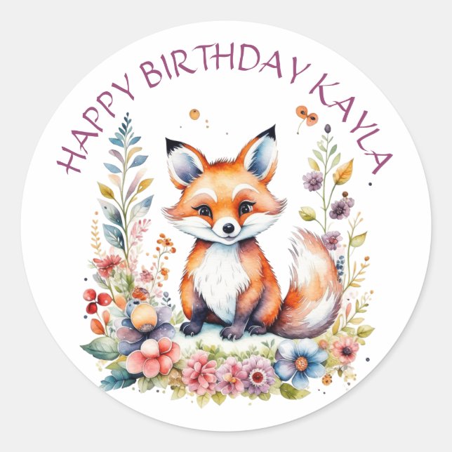 Baby Fox in Flowers Happy Birthday Personalized  Classic Round Sticker (Front)