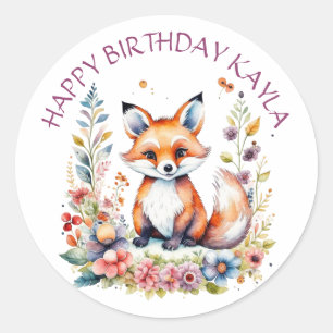 Baby Fox in Flowers Happy Birthday Personalized  Classic Round Sticker