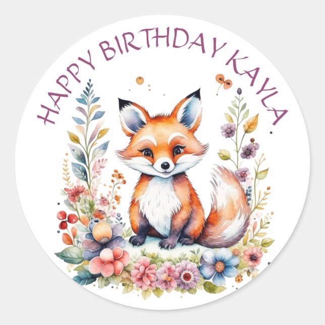 Baby Fox in Flowers Happy Birthday Personalized  Classic Round Sticker (Front)