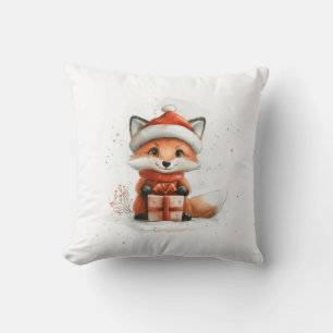 Baby Fox in Red Santa Hat Christmas Winter Holiday Throw Pillow
