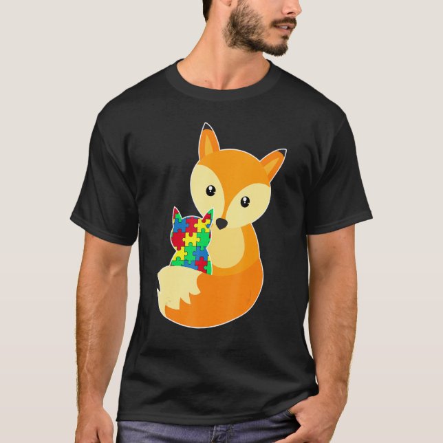 Baby Fox Love Puzzle Piece Animal Cool Autism Awar T-Shirt (Front)