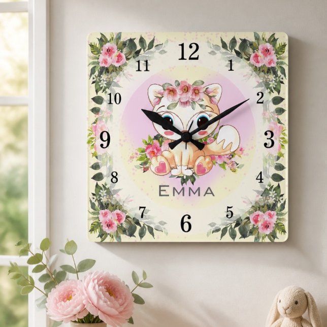 Baby Fox | Nursery Décor | Yellow Personalized Square Wall Clock (Creator Uploaded)