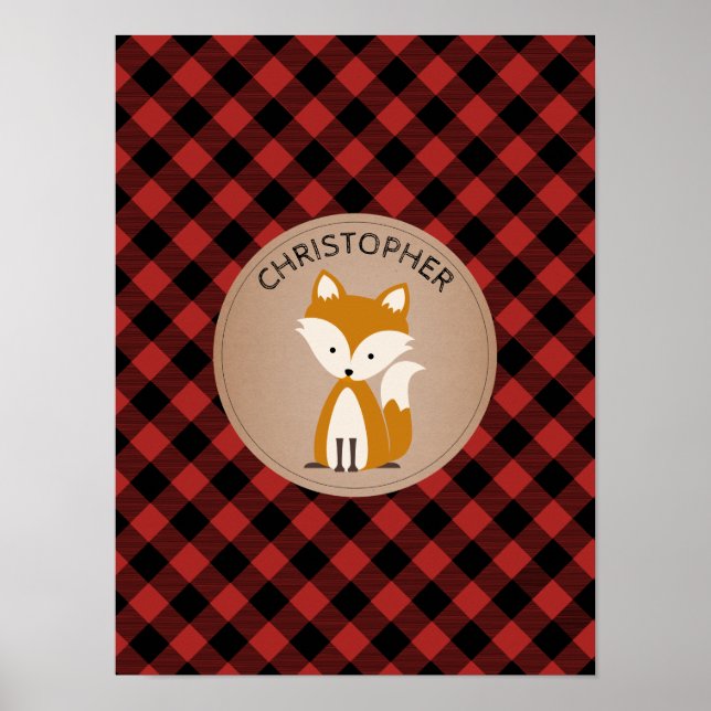 Baby Fox Plaid Personalized Nursery Artwork Poster (Front)