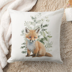 Baby Fox Sage Green Leafy Eucalyptus Nursery Decor Throw Pillow