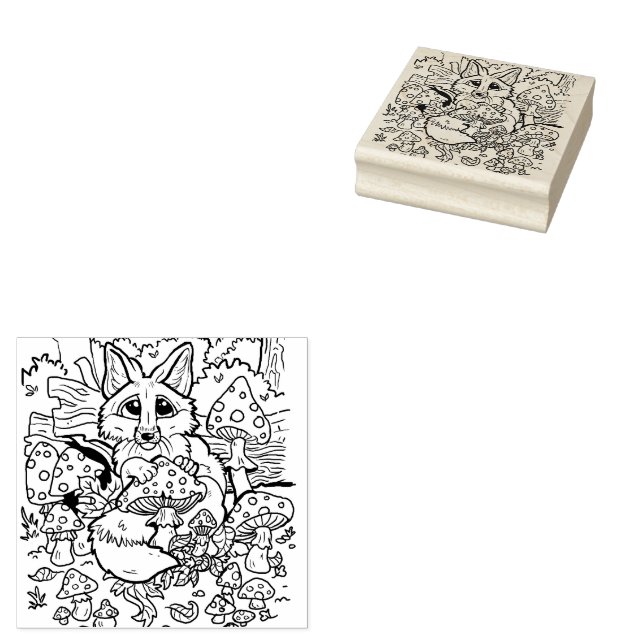 Baby Fox with Mushrooms Rubber Stamp (Stamped)
