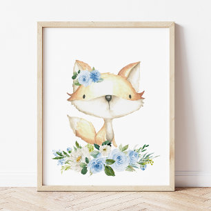 Baby Fox, Woodland Animals, Boho, Blue Flowers Poster