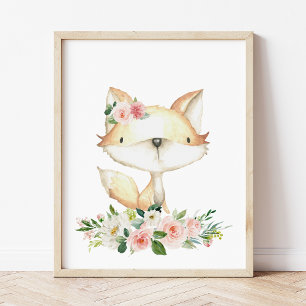 Baby Fox, Woodland Animals, Boho, Pink Flowers Poster