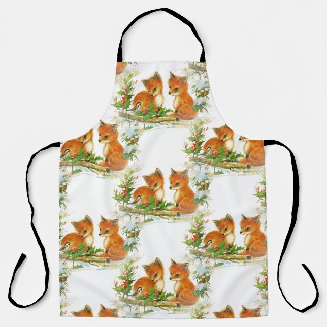Baby Foxes Holly Bird Christmas Apron (Front)
