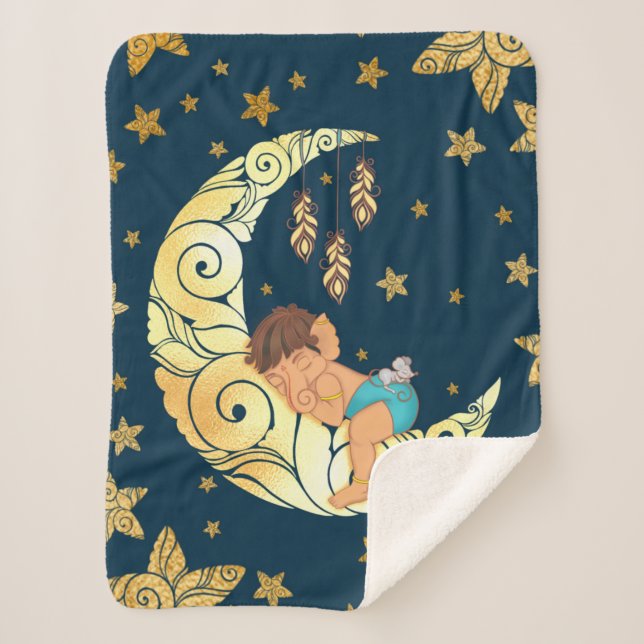 Baby Ganesha with moon and stars Sherpa Blanket (Front)