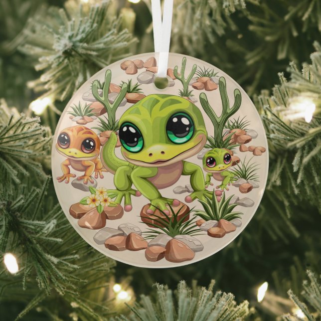 Baby Geckos Cute Cartoon Characters Glass Ornament (Insitu)