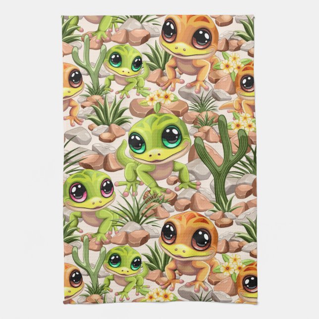Baby Geckos Cute Cartoon Characters Kitchen Towel (Vertical)