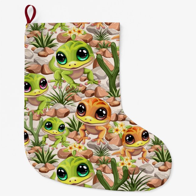 Baby Geckos Cute Cartoon Characters Large Christmas Stocking (Front)