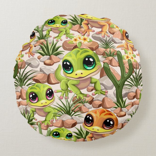 Baby Geckos Cute Cartoon Characters Round Pillow (Front)
